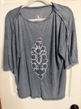 FP Movement by Free People Blue Embroidered Ribbed Top